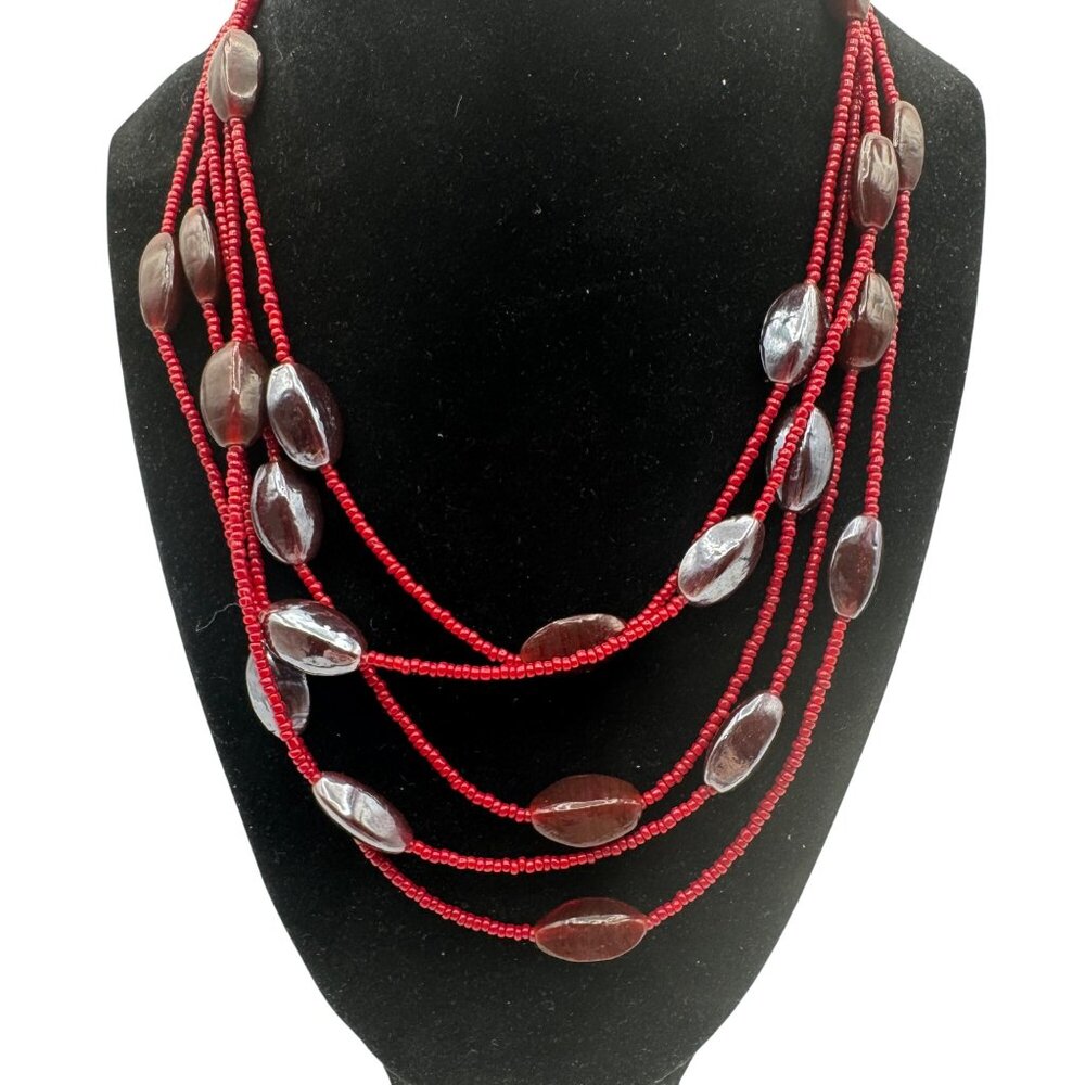 Multi-Strand Red Beaded Necklace with Oval Iridescent Glass Beads